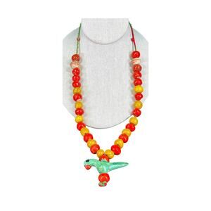 Antique Primitive Handmade Clay Bead Necklace with Parrot Pendant